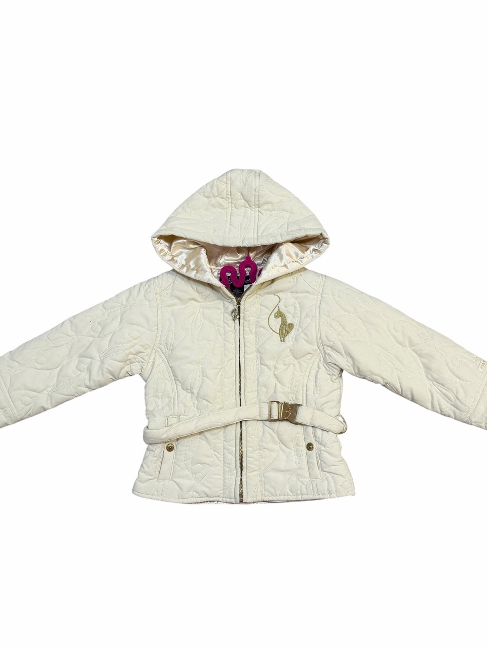 Baby Phat Quilted Puffer Jacket Cream Gold Cat Logo Y2K Hoodie